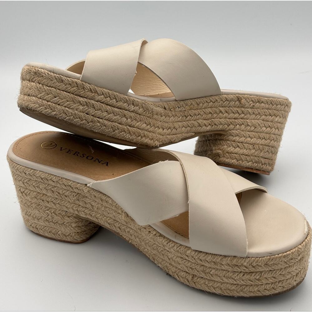 Espadrille Platform Block Heel Slide Sandals Size 9 Cream Cross Strap Versona